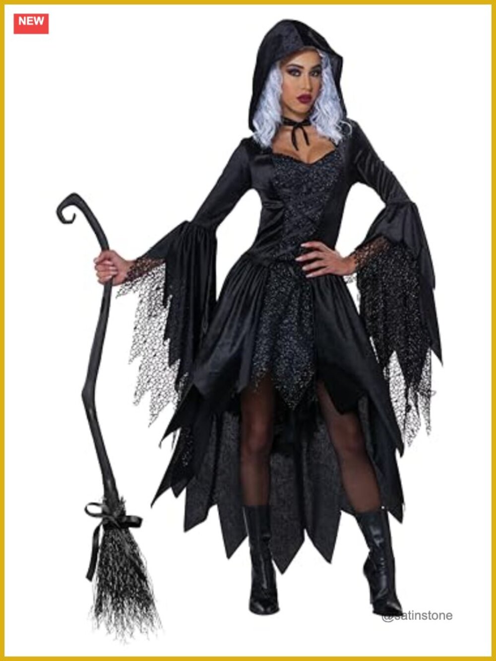 Bewitching Beauty Witch Costume Hooded Dress Lace Chest Adult Women